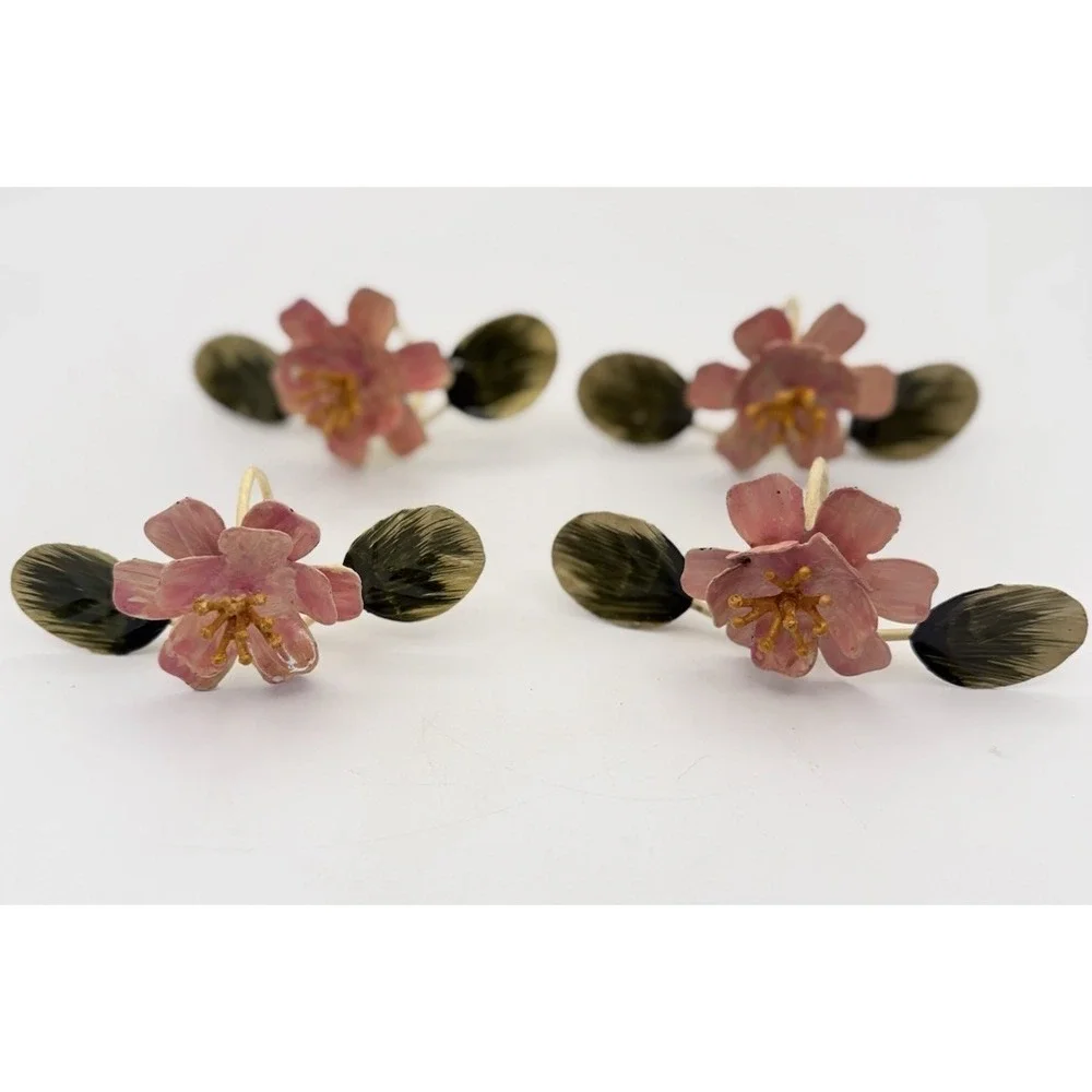 Vtg Handpainted Toleware Floral Napkin Rings Set Of 4 Cottage Core Shabby #5615‎